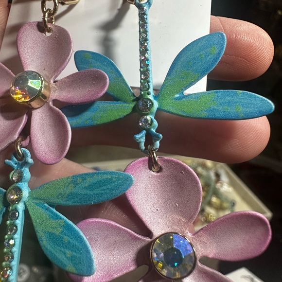 Betsey Johnson Pink Floral and Blue Dragonfly Earrings - Picture 6 of 8